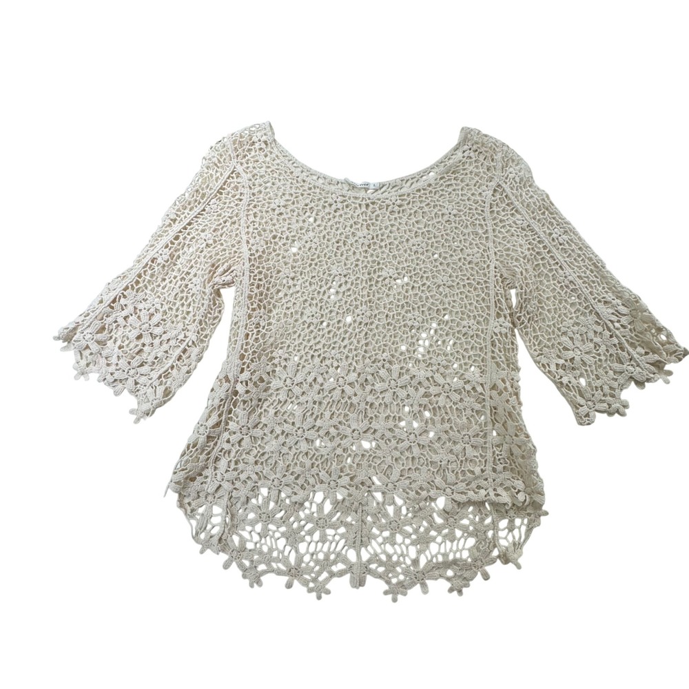 Breeze Ever Crochet Lace Top Womens Small Cream Good Floral 3/4 Sleeve Boho